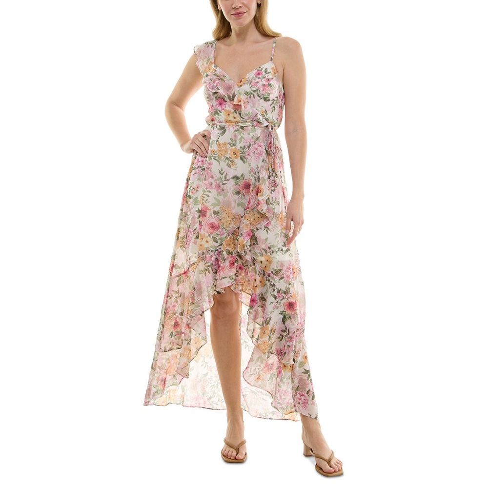 BCX Floral ruffle trim High Low wrap Dress